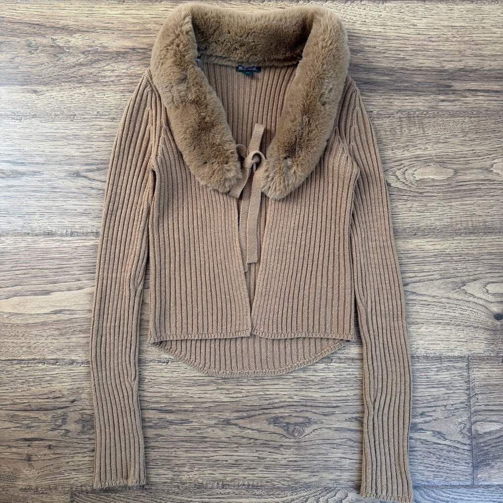 Wild Fable Ribbed Knit Faux Fur Collar Cardigan Sweater Top Brown Size XS EUC - Picture 2 of 3